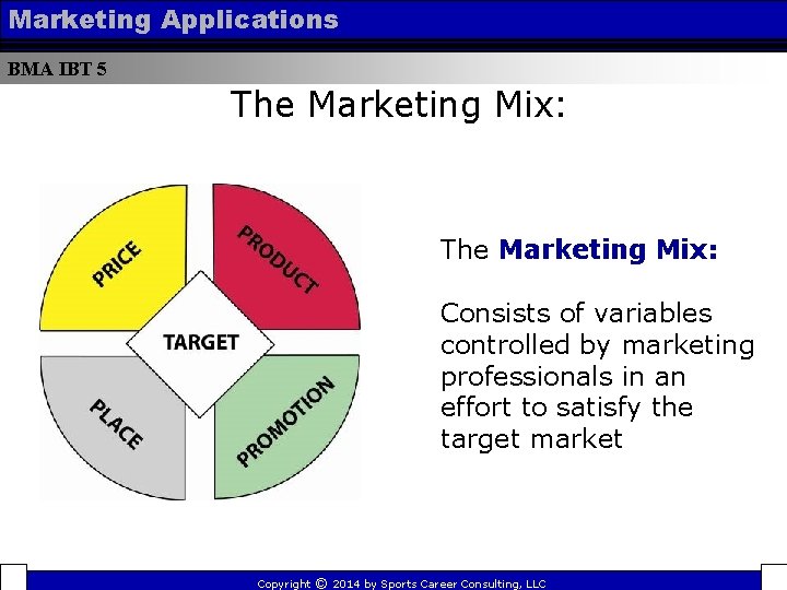 Marketing Applications BMA IBT 5 The Marketing Mix: Consists of variables controlled by marketing