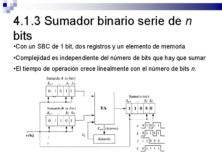 4. 1. 3 Sumador binario serie de n bits • Con un SBC de