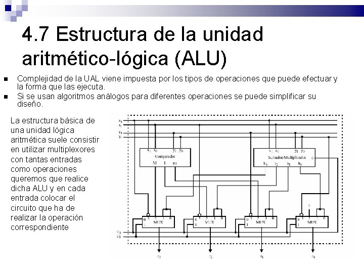 4. 7 Estructura de la unidad aritmético-lógica (ALU) Complejidad de la UAL viene impuesta