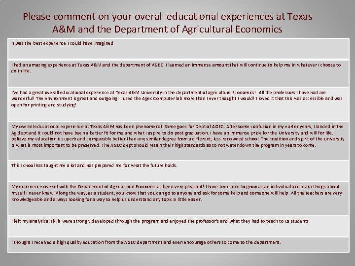 Please comment on your overall educational experiences at Texas A&M and the Department of