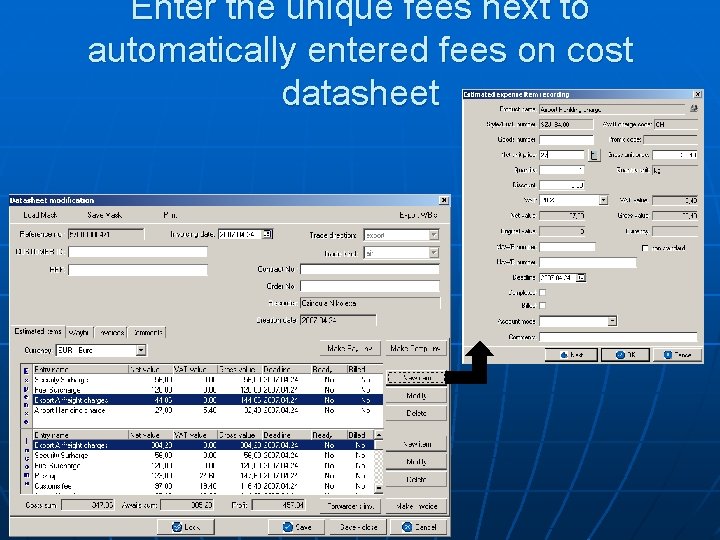 Enter the unique fees next to automatically entered fees on cost datasheet 