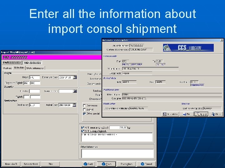 Enter all the information about import consol shipment 