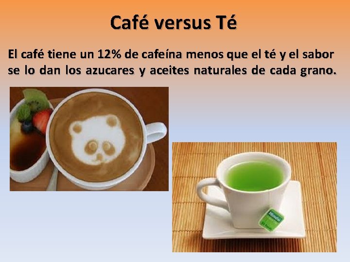 Café versus Té El café tiene un 12% de cafeína menos que el té