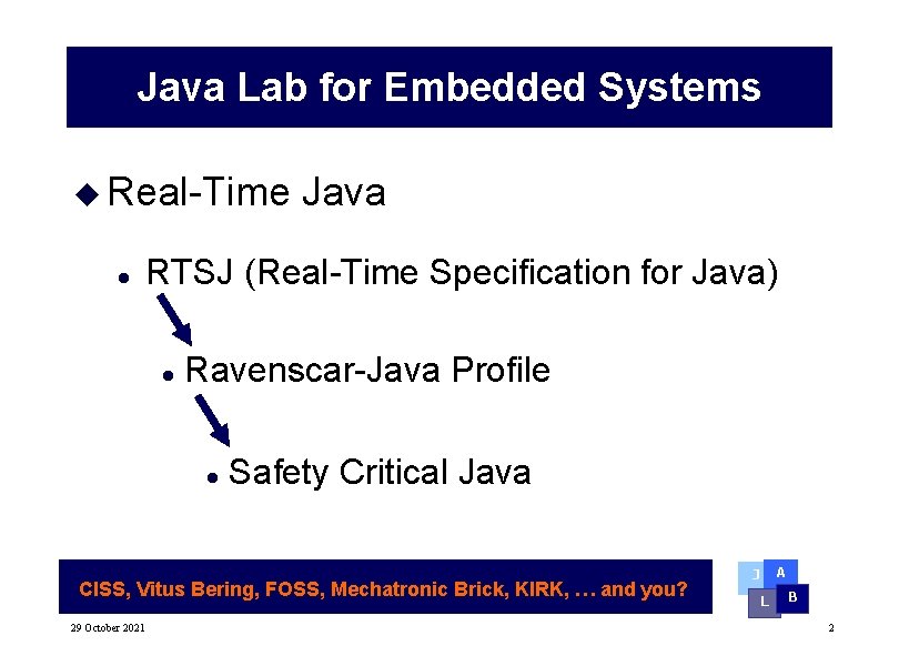 Java Lab for Embedded Systems u Real-Time l Java RTSJ (Real-Time Specification for Java) Java Lab for Embedded Systems u Real-Time l Java RTSJ (Real-Time Specification for Java)