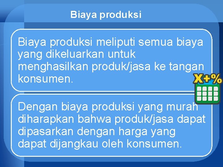 Biaya produksi meliputi semua biaya yang dikeluarkan untuk menghasilkan produk/jasa ke tangan konsumen. Dengan