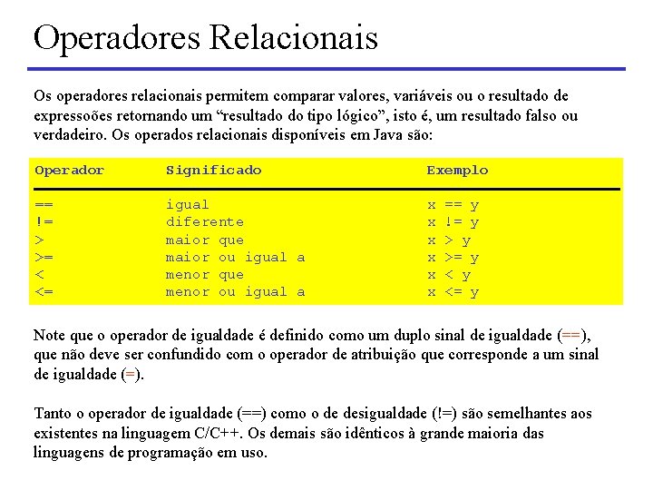 Operadores Relacionais Os operadores relacionais permitem comparar valores, variáveis ou o resultado de expressoões