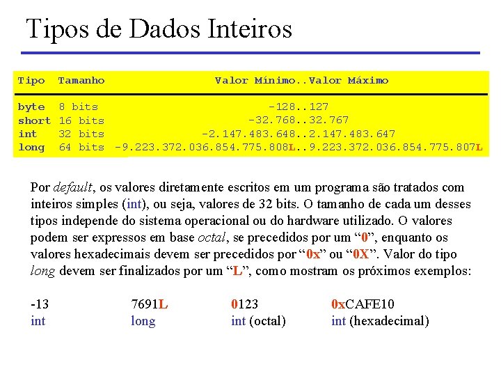 Tipos de Dados Inteiros Valor Mínimo. . Valor Máximo Tipo Tamanho byte short int