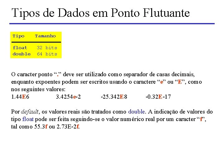 Tipos de Dados em Ponto Flutuante Tipo float double Tamanho 32 bits 64 bits