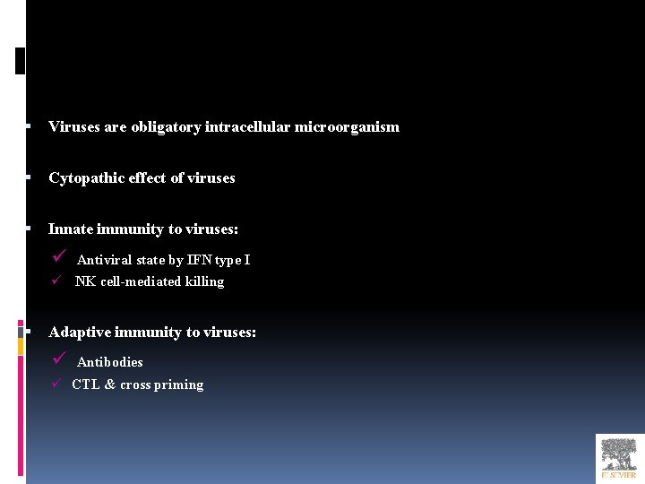  Viruses are obligatory intracellular microorganism Cytopathic effect of viruses Innate immunity to viruses: