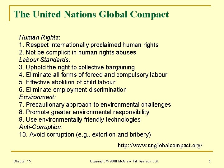 The United Nations Global Compact Human Rights: 1. Respect internationally proclaimed human rights 2.