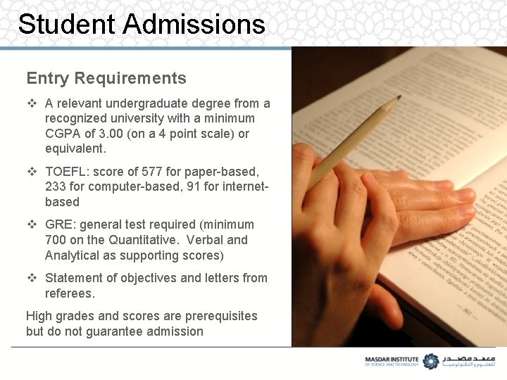 Student Admissions Entry Requirements v A relevant undergraduate degree from a recognized university with