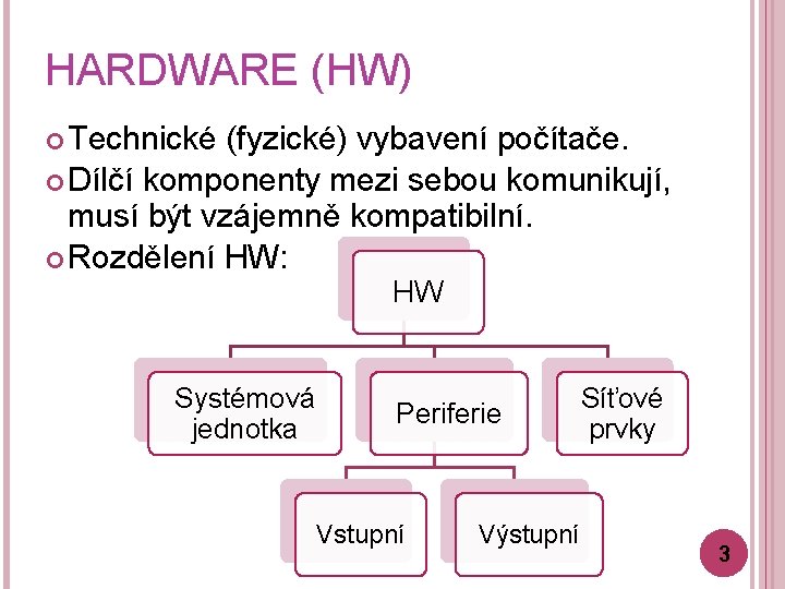 HARDWARE (HW) Technické (fyzické) vybavení počítače. Dílčí komponenty mezi sebou komunikují, musí být vzájemně
