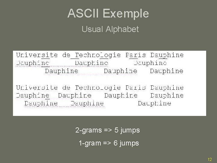 ASCII Exemple Usual Alphabet 2 -grams => 5 jumps 1 -gram => 6 jumps