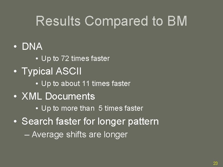 Results Compared to BM • DNA • Up to 72 times faster • Typical