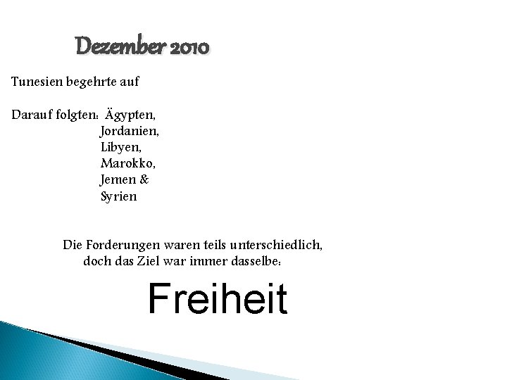 Dezember 2010 Tunesien begehrte auf Darauf folgten: Ägypten, Jordanien, Libyen, Marokko, Jemen & Syrien