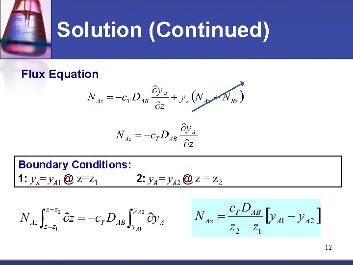 Solution (Continued) Flux Equation Boundary Conditions: 1: y. A= y. A 1 @ z=z