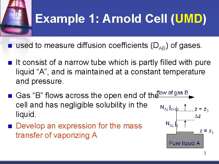 Example 1: Arnold Cell (UMD) n used to measure diffusion coefficients (DAB) of gases.