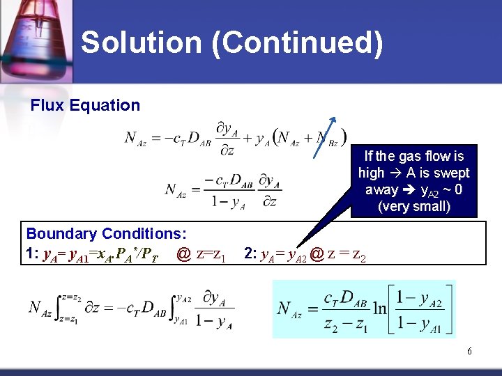 Solution (Continued) Flux Equation If the gas flow is high A is swept away