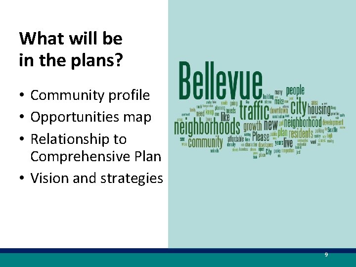 What will be in the plans? • Community profile • Opportunities map • Relationship
