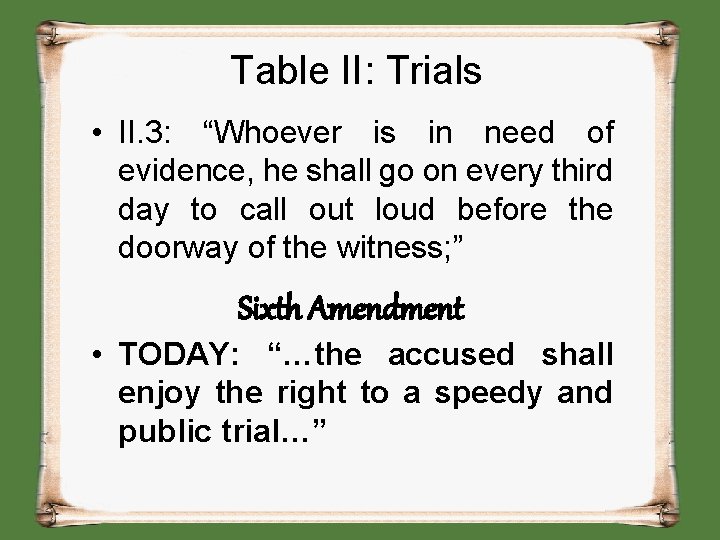 Table II: Trials • II. 3: “Whoever is in need of evidence, he shall