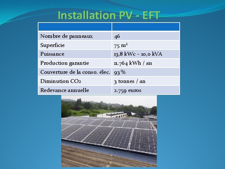 Installation PV - EFT Nombre de panneaux 46 Superficie 75 m² Puissance 13, 8