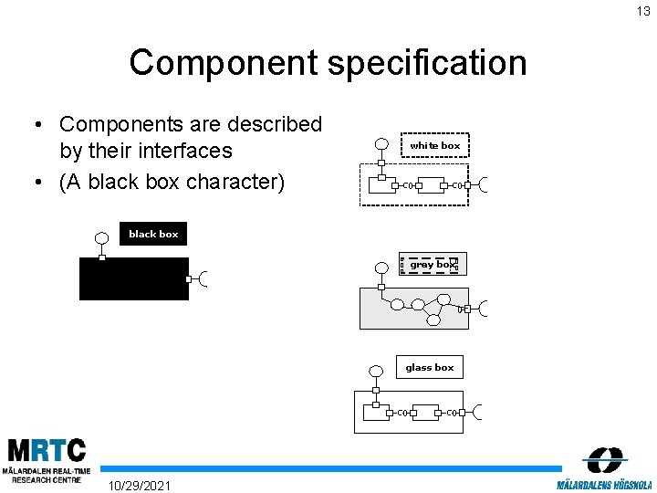 13 Component specification • Components are described by their interfaces • (A black box
