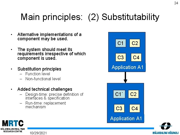 24 Main principles: (2) Substitutability • • • Alternative implementations of a component may