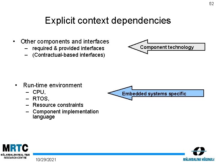 52 Explicit context dependencies • Other components and interfaces – required & provided interfaces