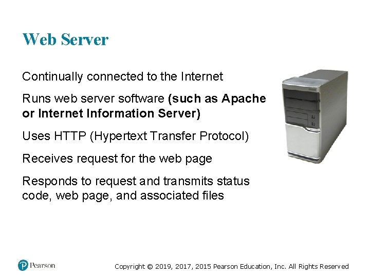 Web Server Continually connected to the Internet Runs web server software (such as Apache