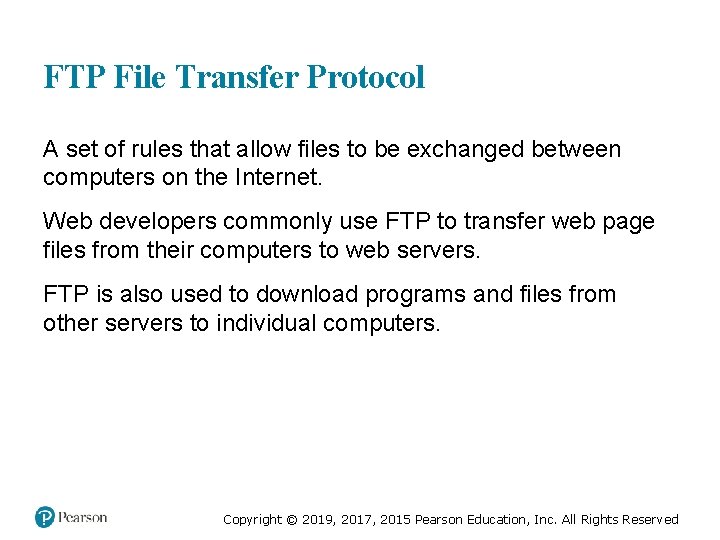 FTP File Transfer Protocol A set of rules that allow files to be exchanged