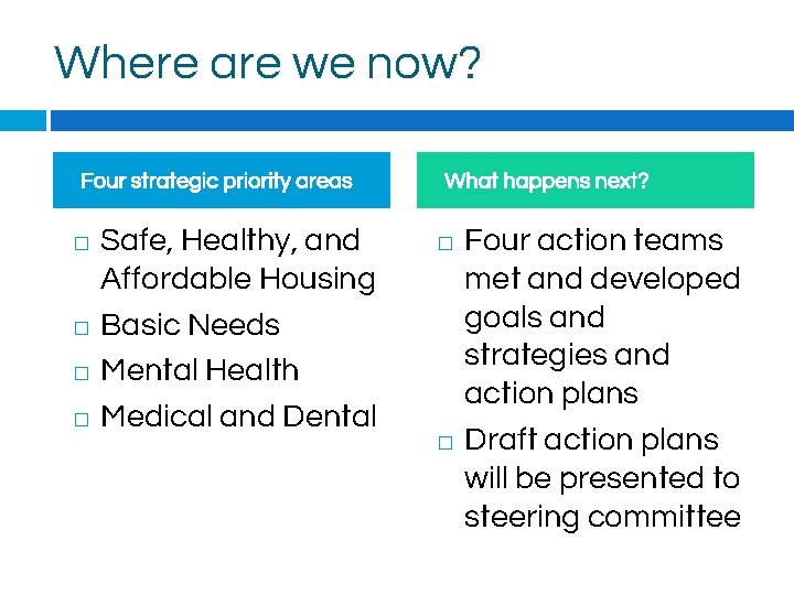 Where are we now? Four strategic priority areas � � Safe, Healthy, and Affordable