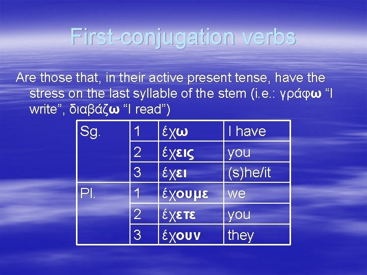 First-conjugation verbs Are those that, in their active present tense, have the stress on