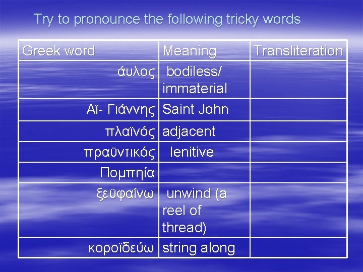 Try to pronounce the following tricky words Greek word Meaning άυλος bodiless/ immaterial Αϊ-