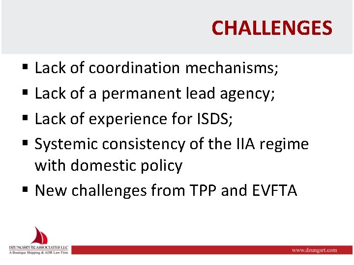 CHALLENGES § Lack of coordination mechanisms; § Lack of a permanent lead agency; §