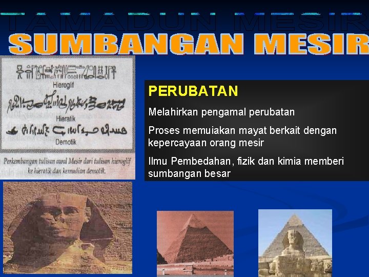 PERUBATAN Melahirkan pengamal perubatan Proses memuiakan mayat berkait dengan kepercayaan orang mesir Ilmu Pembedahan,