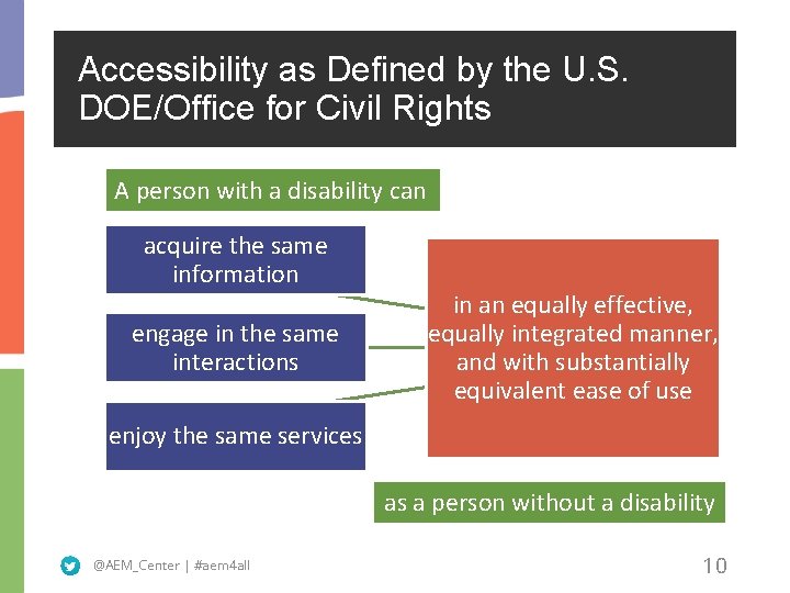 Accessibility as Defined by the U. S. DOE/Office for Civil Rights A person with