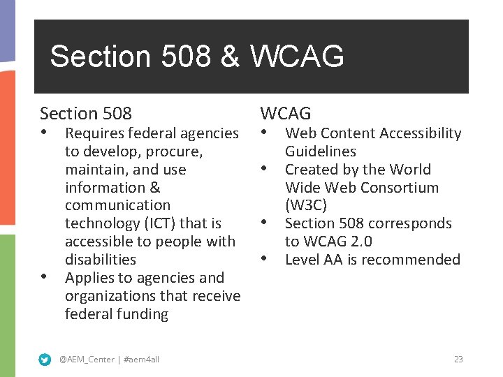 Section 508 & WCAG Section 508 • Requires federal agencies • to develop, procure,