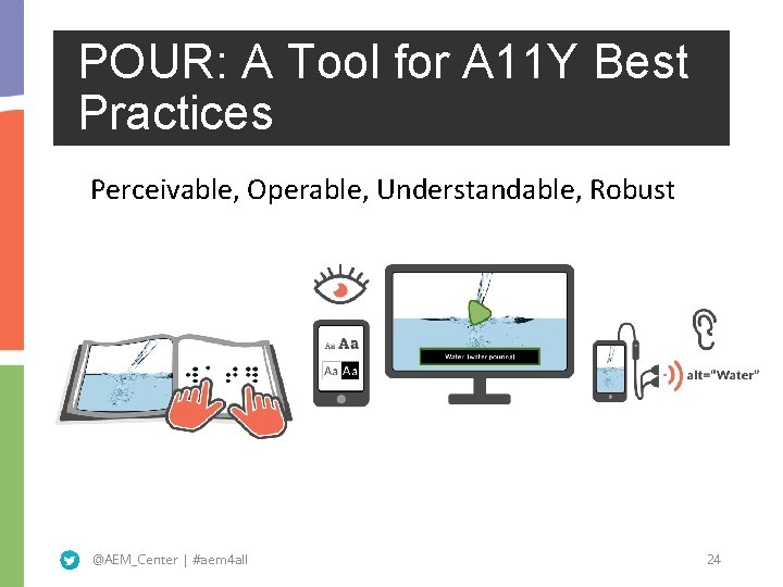 POUR: A Tool for A 11 Y Best Practices Perceivable, Operable, Understandable, Robust @AEM_Center
