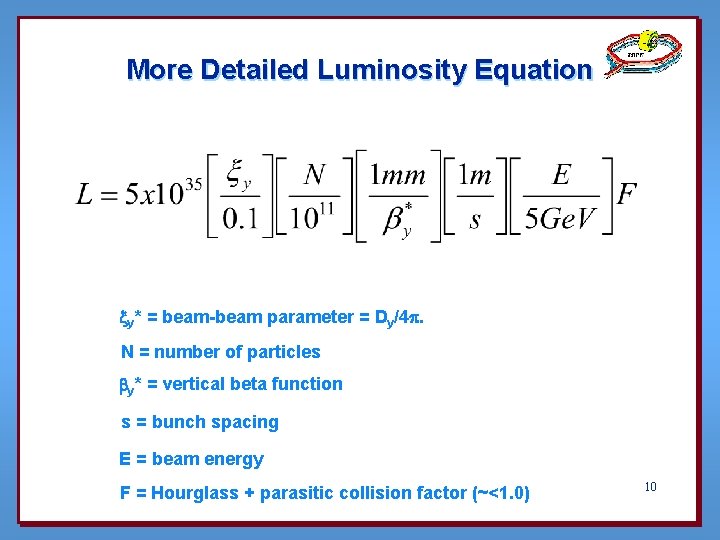 More Detailed Luminosity Equation xy* = beam-beam parameter = Dy/4 p. N = number