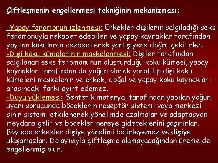 Çiftleşmenin engellenmesi tekniğinin mekanizması: -Yapay feromonun izlenmesi: Erkekler dişilerin salgıladığı seks feromonuyla rekabet edebilen