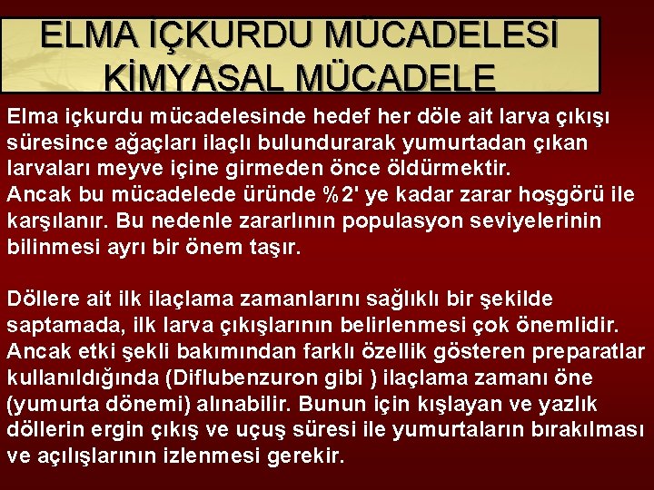 ELMA İÇKURDU MÜCADELESİ KİMYASAL MÜCADELE Elma içkurdu mücadelesinde hedef her döle ait larva çıkışı