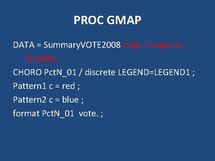 PROC GMAP DATA = Summary. VOTE 2008 map = maps. us ; ID state