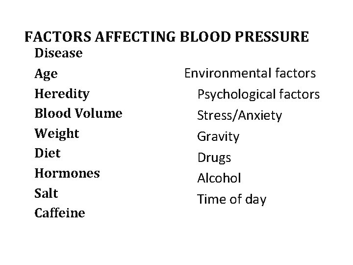 FACTORS AFFECTING BLOOD PRESSURE ❖ Disease ❖ Age ❖ Heredity ❖ Blood Volume ❖