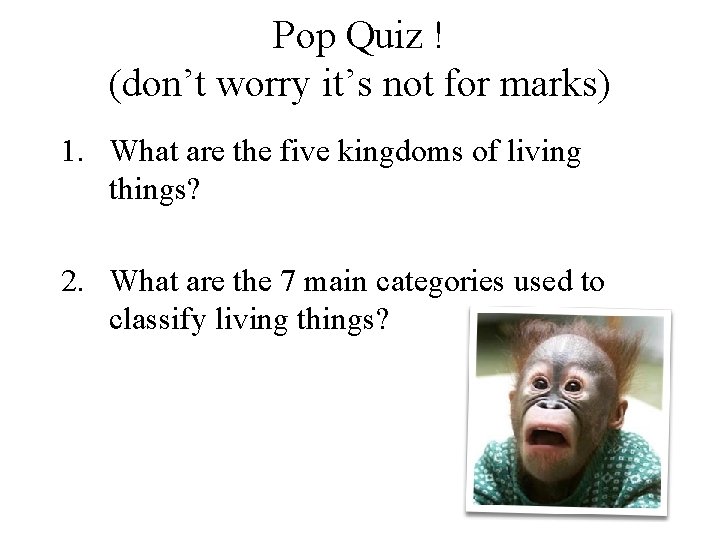 Pop Quiz ! (don’t worry it’s not for marks) 1. What are the five