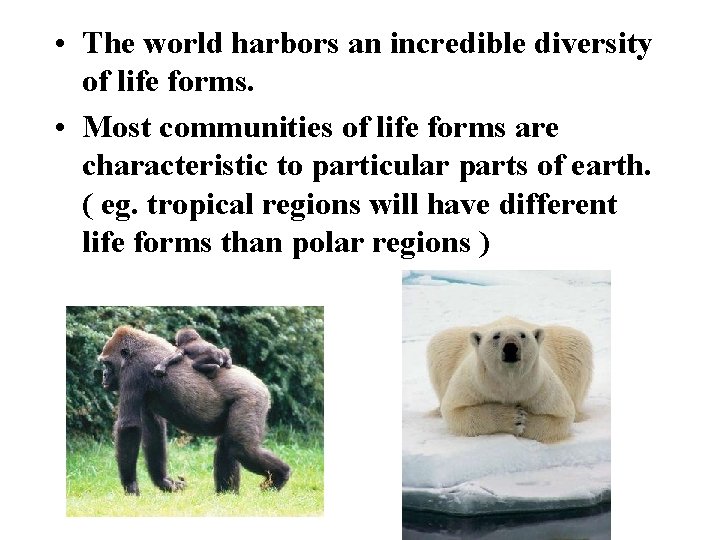  • The world harbors an incredible diversity of life forms. • Most communities