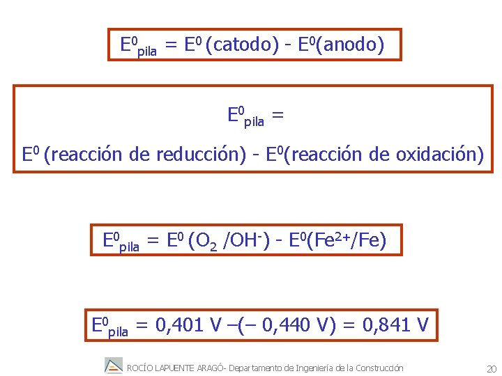 E 0 pila = E 0 (catodo) - E 0(anodo) E 0 pila =