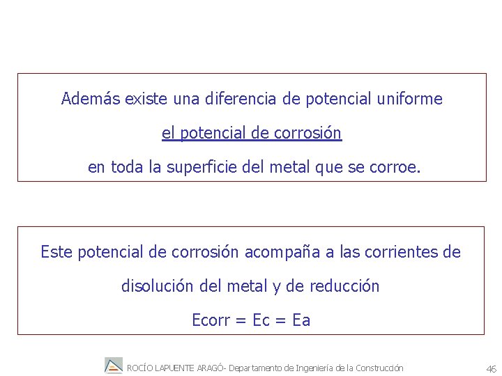 Además existe una diferencia de potencial uniforme el potencial de corrosión en toda la