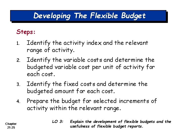 Developing The Flexible Budget Steps: 1. Identify the activity index and the relevant range