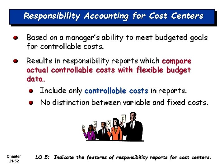 Responsibility Accounting for Cost Centers Based on a manager’s ability to meet budgeted goals