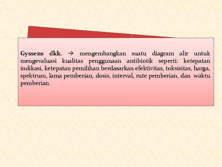 Gyssens dkk. mengembangkan suatu diagram alir untuk mengevaluasi kualitas penggunaan antibiotik seperti: ketepatan indikasi,